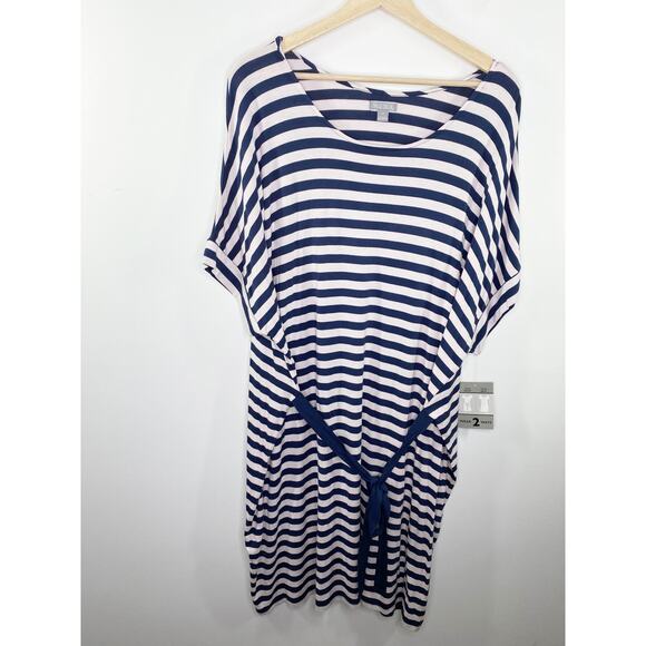 Falls Creek Women TShirt Dress Size 1X Blue Pink Striped Belted Casual NWT Beach - Picture 1 of 8